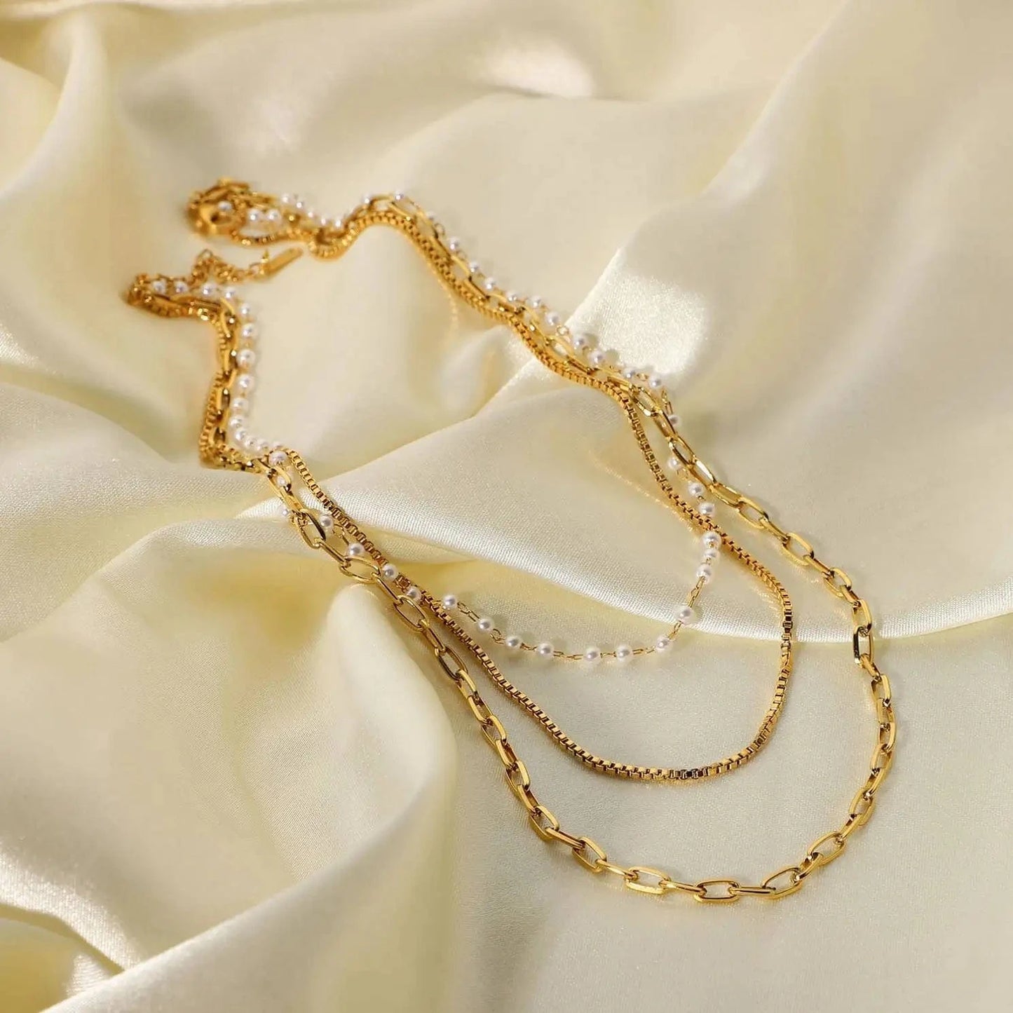 Waterproof / 14inches / N2501 N2501 18k Gold Multi Layer Necklace Pearl Collar Summer Beach Stainless Steel Link Chain Choker Necklace