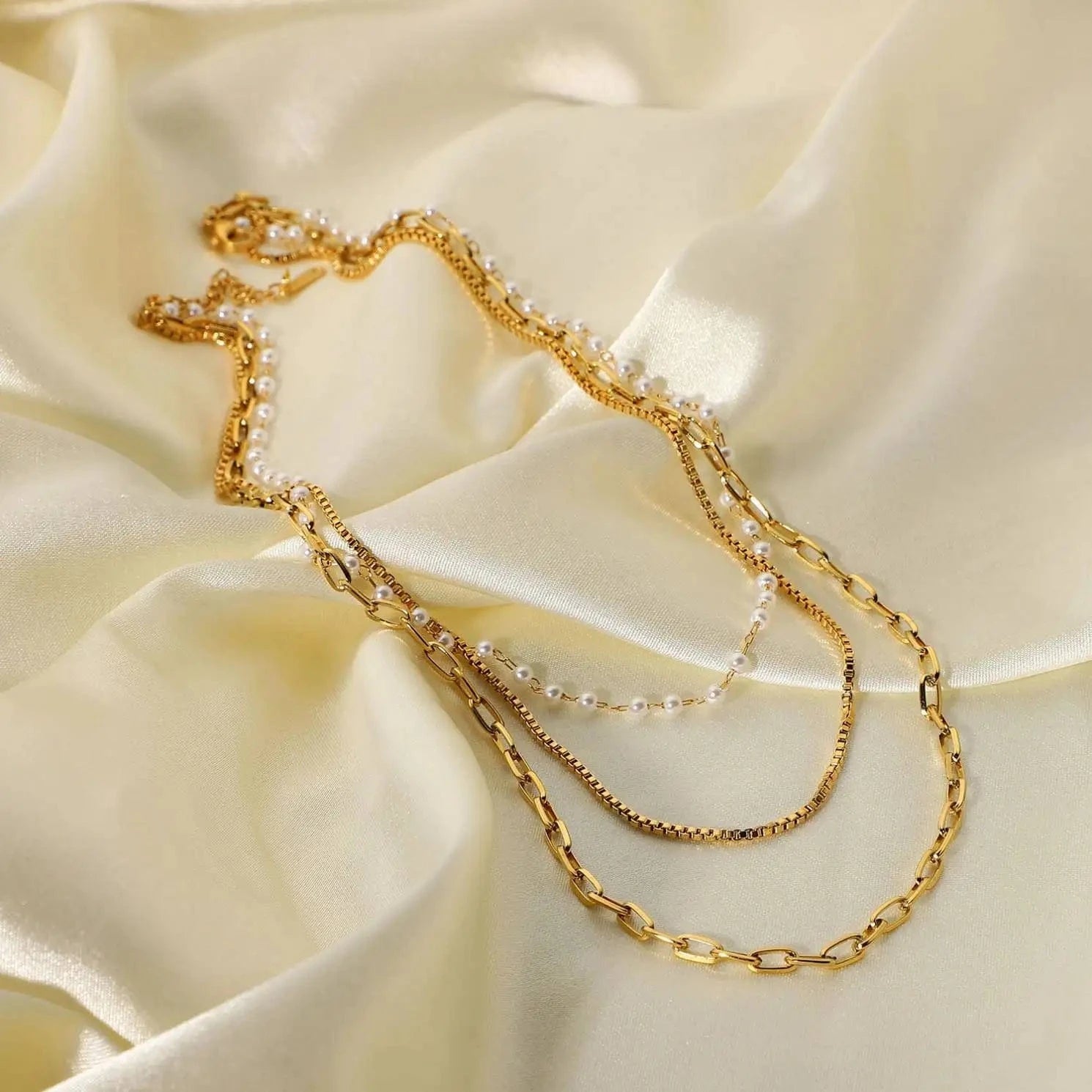 Waterproof / 14inches / N2501 N2501 18k Gold Multi Layer Necklace Pearl Collar Summer Beach Stainless Steel Link Chain Choker Necklace