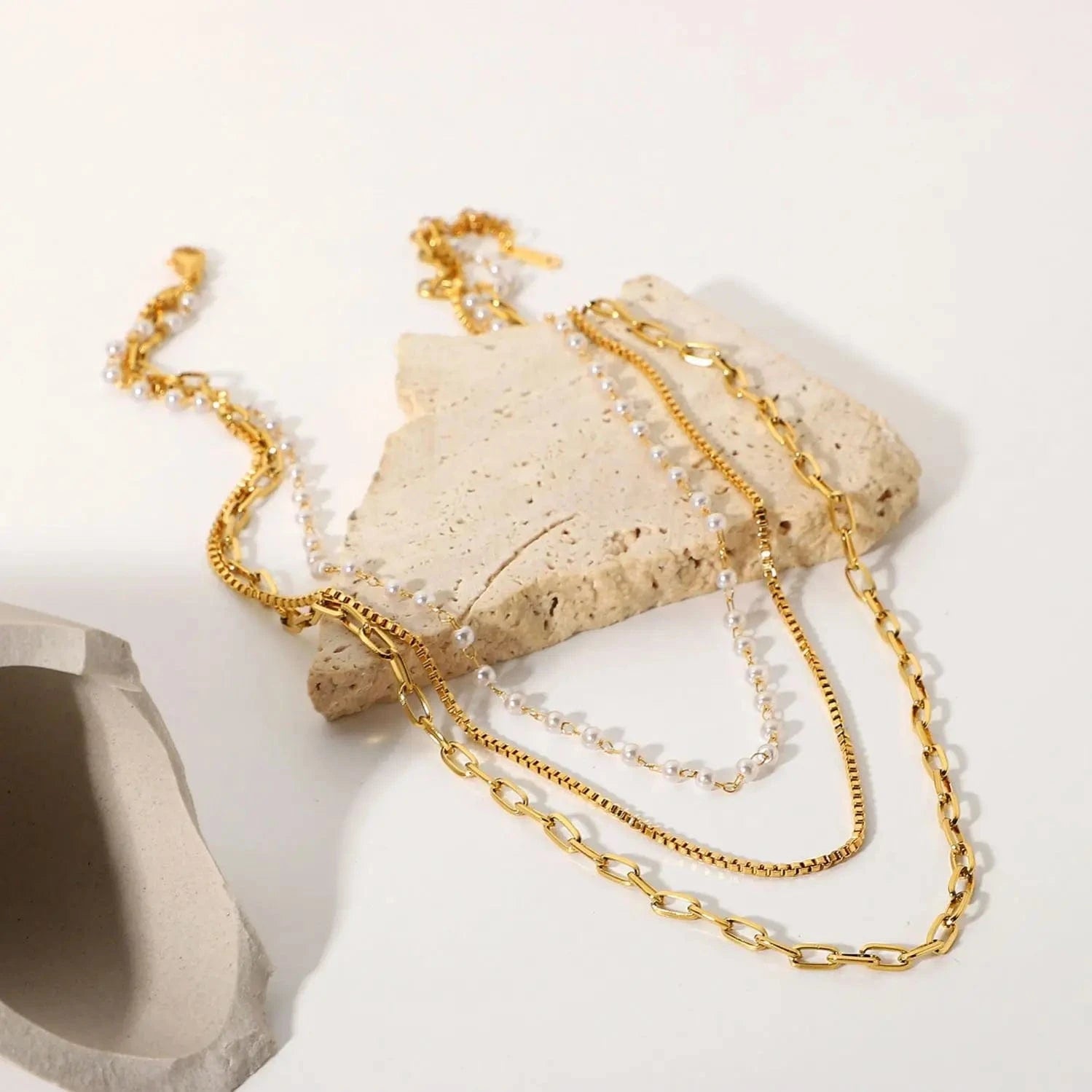 Waterproof / 14inches / N2501 N2501 18k Gold Multi Layer Necklace Pearl Collar Summer Beach Stainless Steel Link Chain Choker Necklace