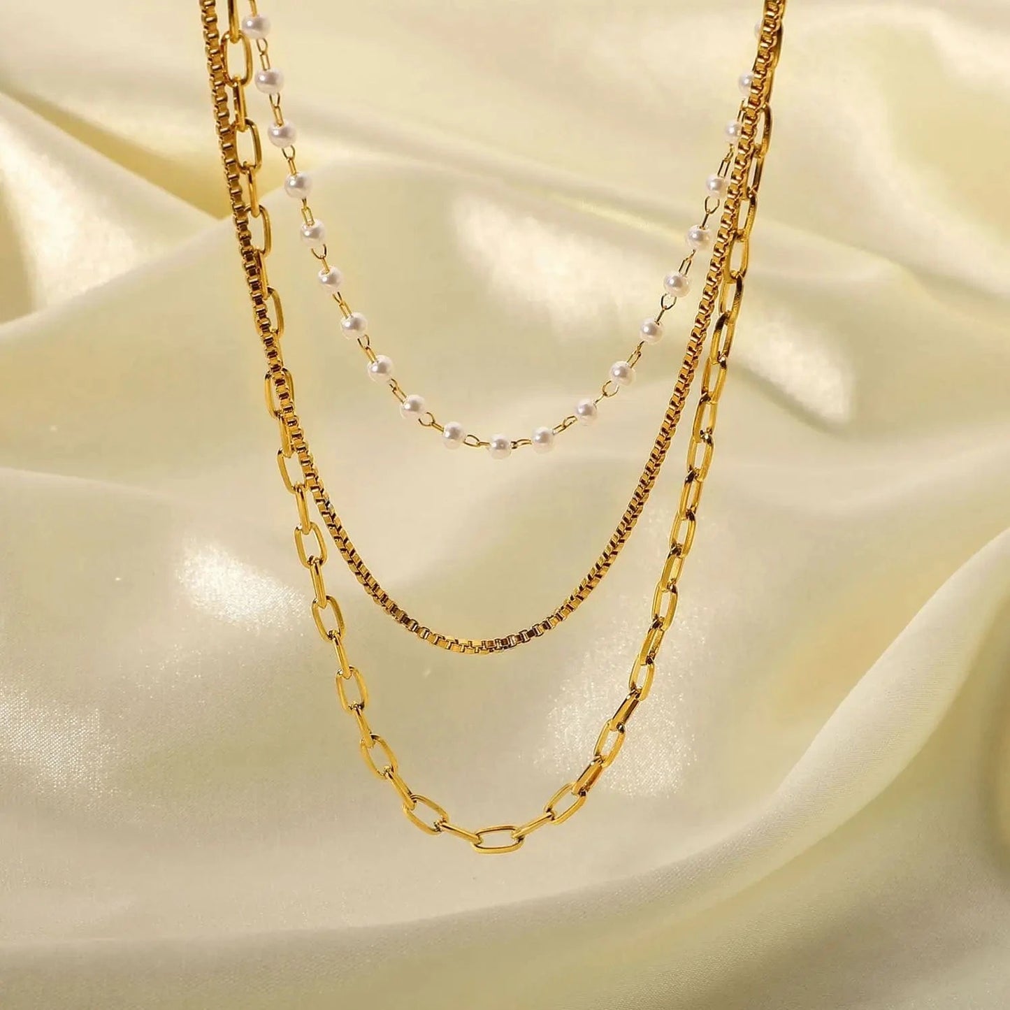 Waterproof / 14inches / N2501 N2501 18k Gold Multi Layer Necklace Pearl Collar Summer Beach Stainless Steel Link Chain Choker Necklace