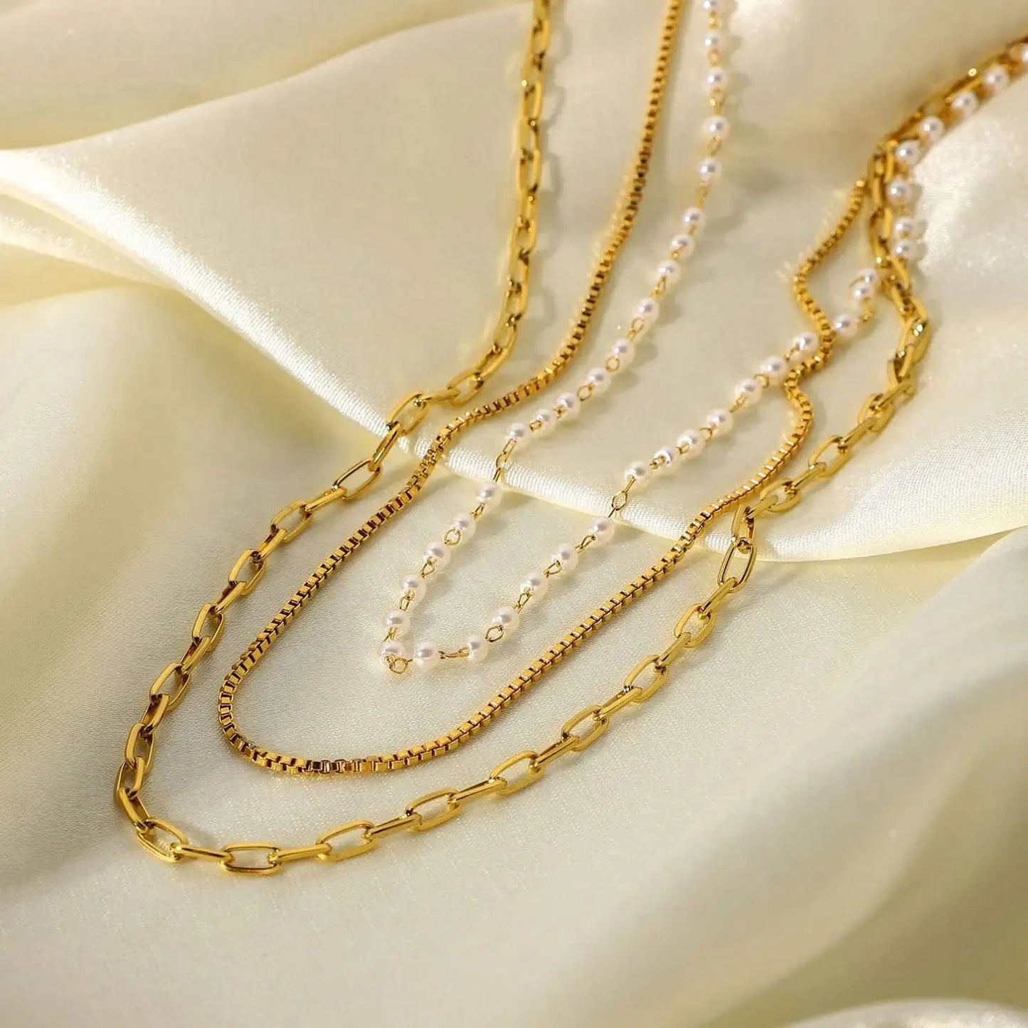 Waterproof / 14inches / N2501 N2501 18k Gold Multi Layer Necklace Pearl Collar Summer Beach Stainless Steel Link Chain Choker Necklace