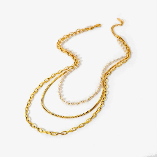 Waterproof / 14inches / N2501 N2501 18k Gold Multi Layer Necklace Pearl Collar Summer Beach Stainless Steel Link Chain Choker Necklace