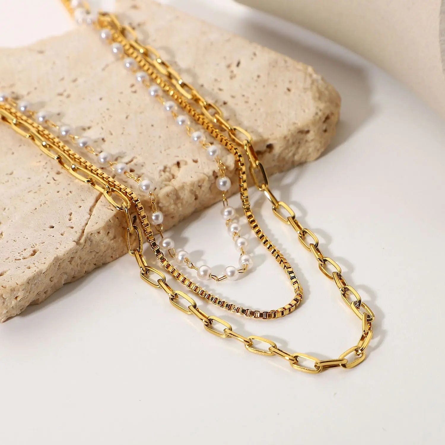 Waterproof / 14inches / N2501 N2501 18k Gold Multi Layer Necklace Pearl Collar Summer Beach Stainless Steel Link Chain Choker Necklace