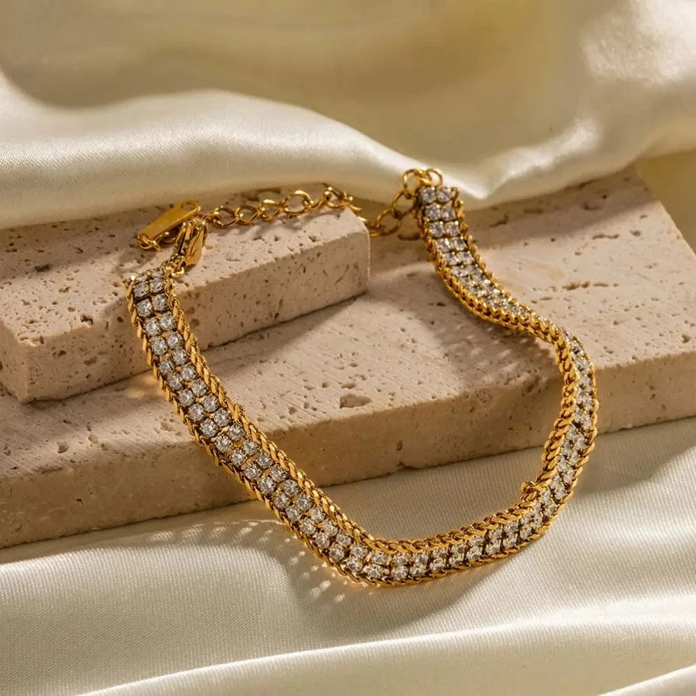 Waterproof / 15+6cm / BR1002 BR1002 New Arrival Full Zircon Choker Stainless Steel Wheat Double Layer Cubic Zirconia Bracelet for Girls