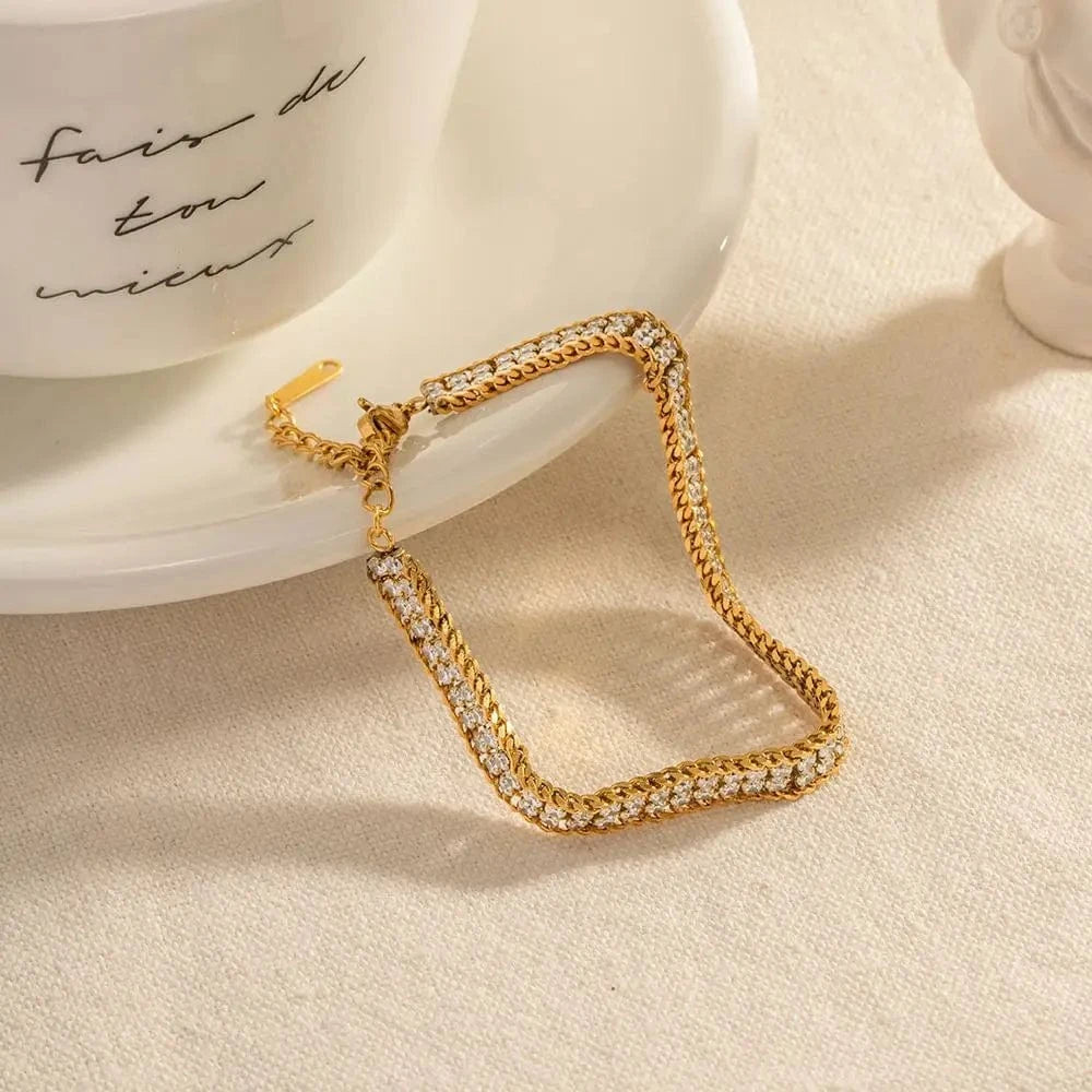Waterproof / 15+6cm / BR1002 BR1002 New Arrival Full Zircon Choker Stainless Steel Wheat Double Layer Cubic Zirconia Bracelet for Girls