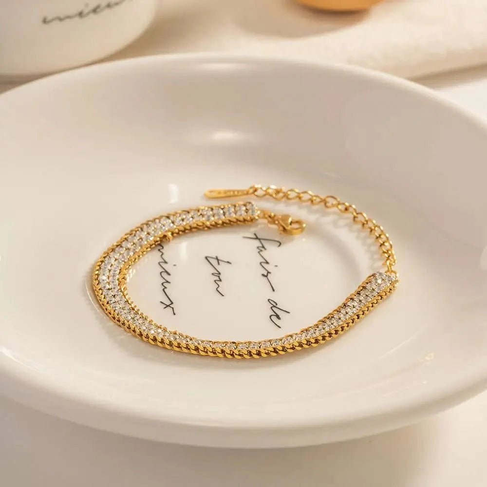 Waterproof / 15+6cm / BR1002 BR1002 New Arrival Full Zircon Choker Stainless Steel Wheat Double Layer Cubic Zirconia Bracelet for Girls