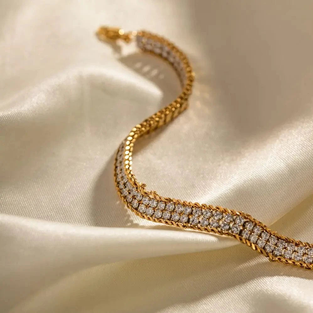 Waterproof / 15+6cm / BR1002 BR1002 New Arrival Full Zircon Choker Stainless Steel Wheat Double Layer Cubic Zirconia Bracelet for Girls
