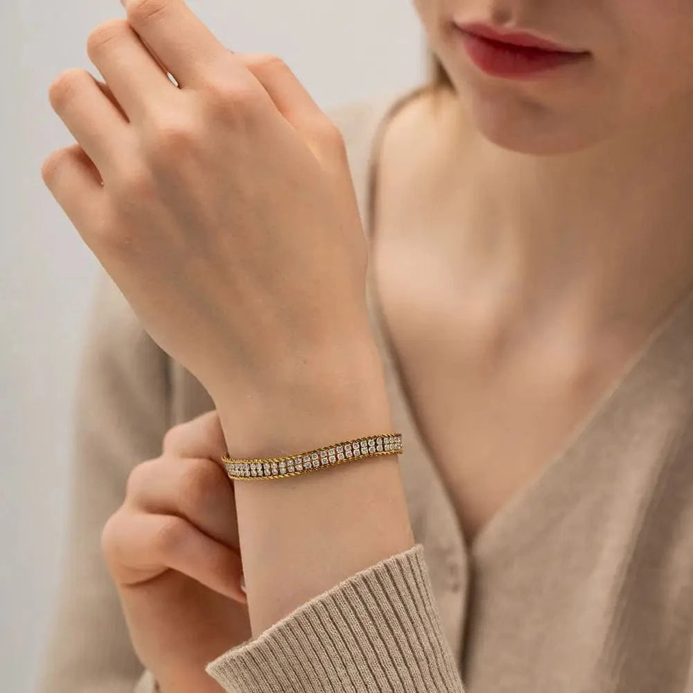 Waterproof / 15+6cm / BR1002 BR1002 New Arrival Full Zircon Choker Stainless Steel Wheat Double Layer Cubic Zirconia Bracelet for Girls