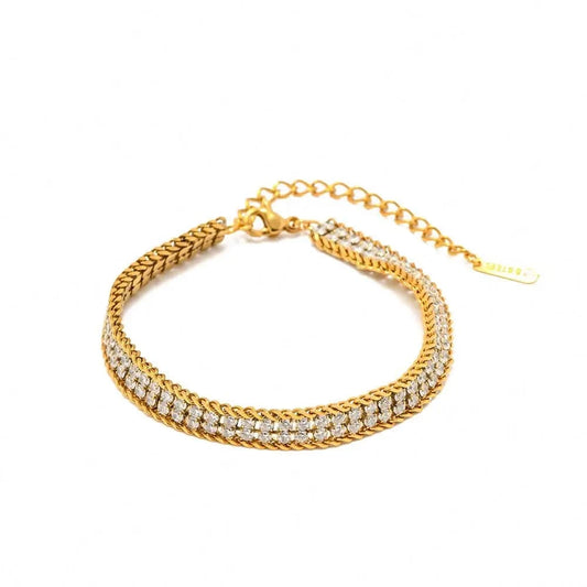 Waterproof / 15+6cm / BR1002 BR1002 New Arrival Full Zircon Choker Stainless Steel Wheat Double Layer Cubic Zirconia Bracelet for Girls