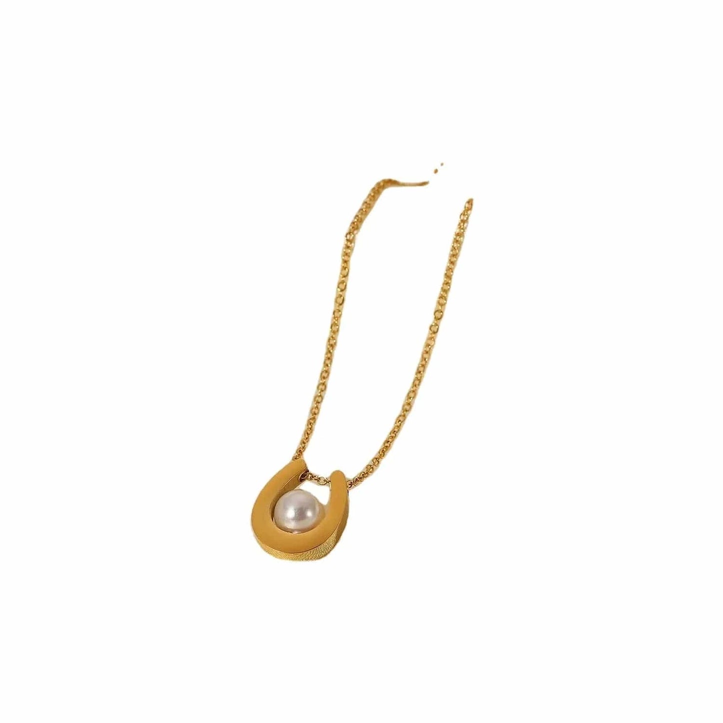 Waterproof / 18inches / N2458 N2458 18K Gold Plated Link Chain Pearl Pendant Necklace Gift Stainless Steel U Shaped Pearl Round Pearl Necklace for Women