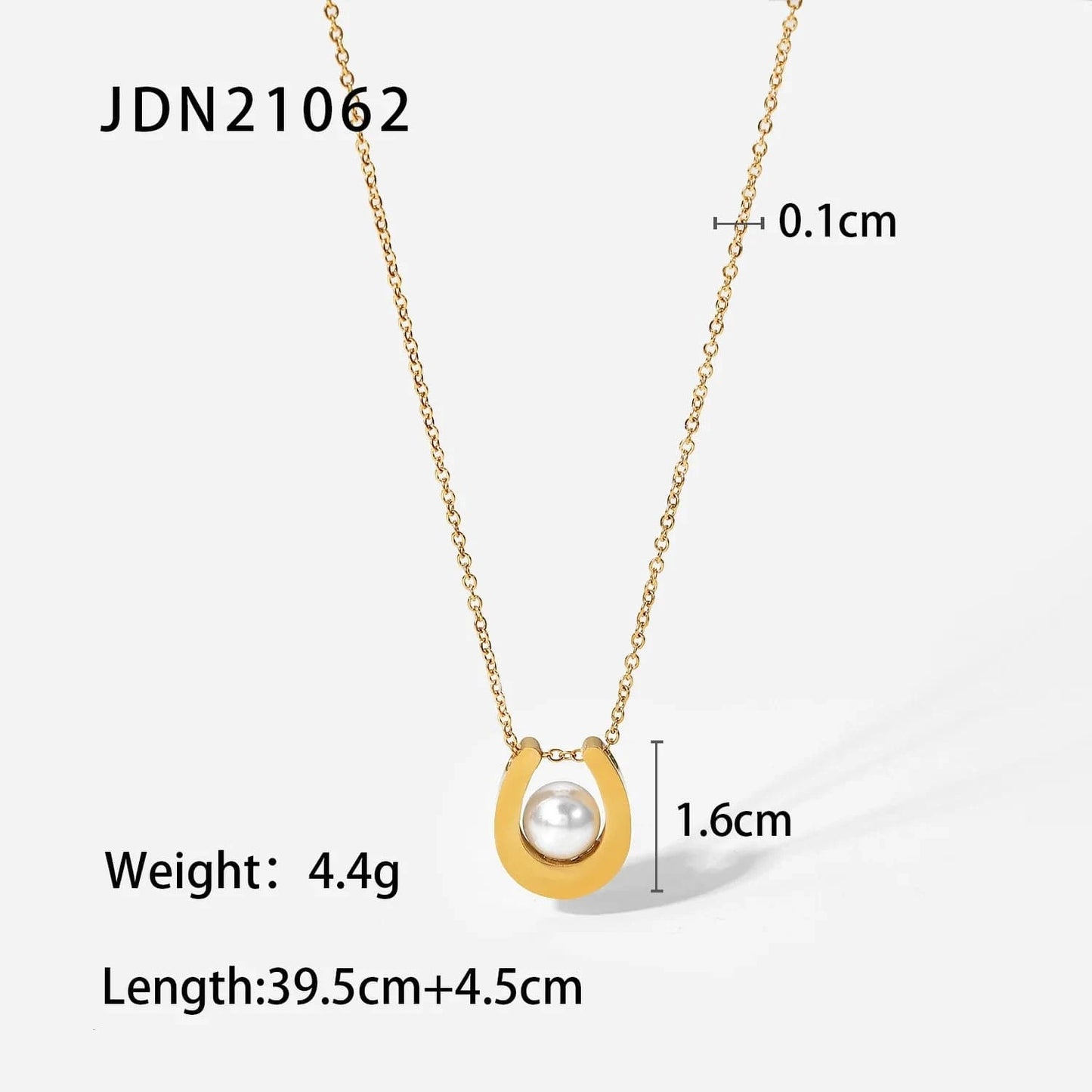 Waterproof / 18inches / N2458 N2458 18K Gold Plated Link Chain Pearl Pendant Necklace Gift Stainless Steel U Shaped Pearl Round Pearl Necklace for Women