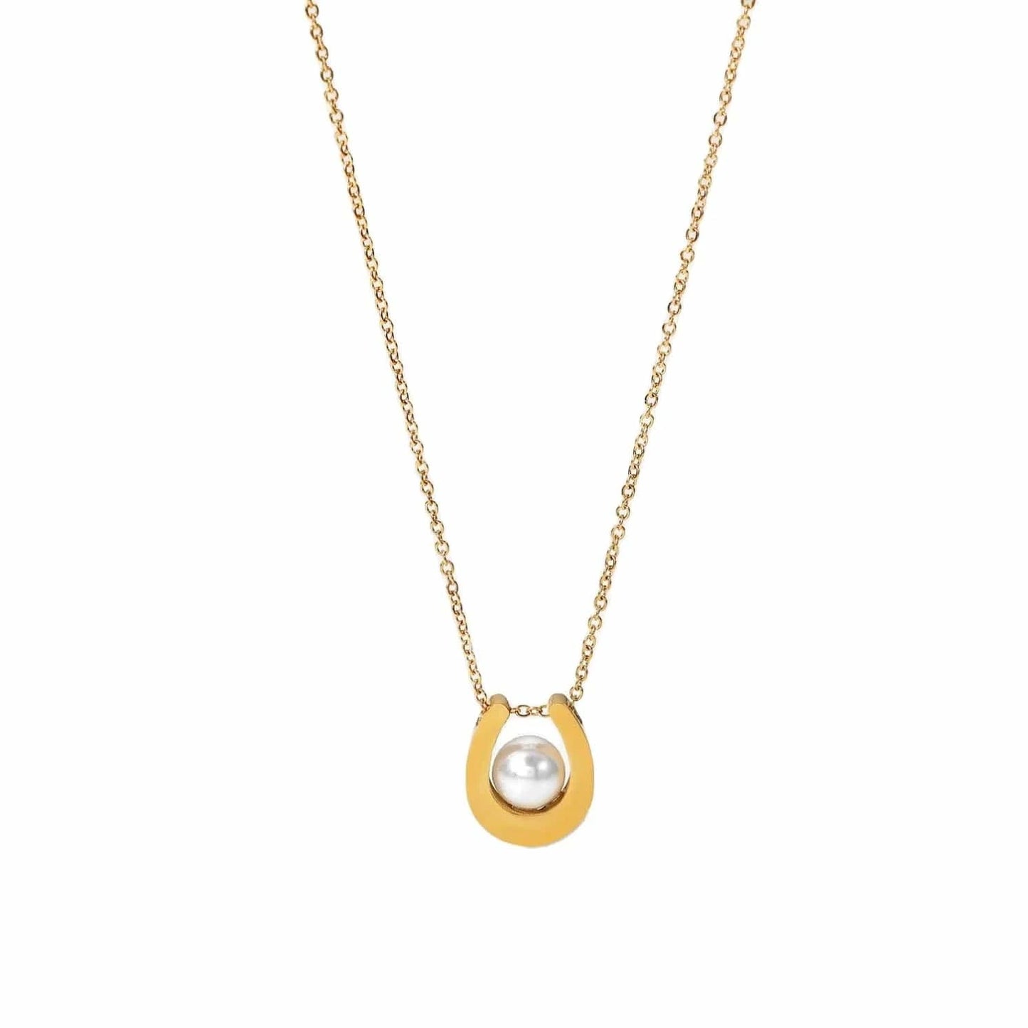Waterproof / 18inches / N2458 N2458 18K Gold Plated Link Chain Pearl Pendant Necklace Gift Stainless Steel U Shaped Pearl Round Pearl Necklace for Women