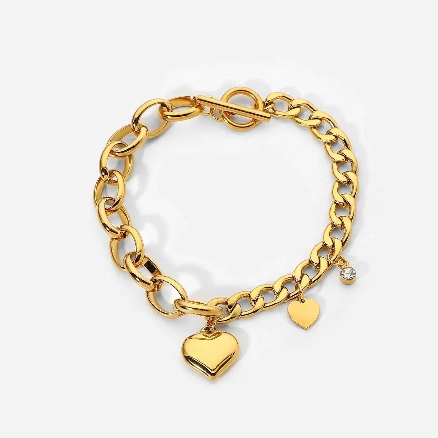 Waterproof / 20cm / BR1018 BR1018 18k Gold Plated OT Buckle Cubic Zircon Heart Stainless Steel Chunky Cuban Chain Bracelet