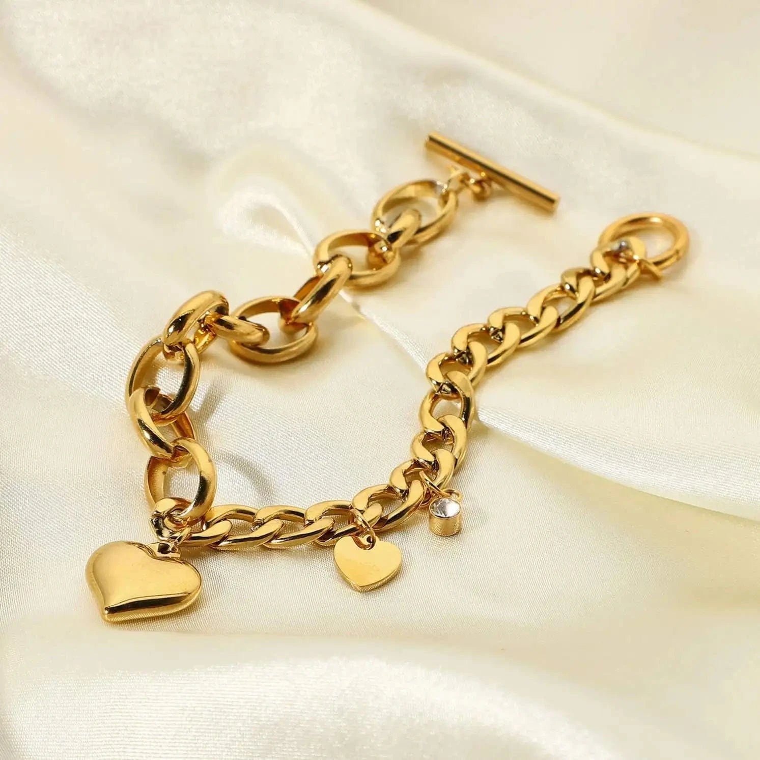 Waterproof / 20cm / BR1018 BR1018 18k Gold Plated OT Buckle Cubic Zircon Heart Stainless Steel Chunky Cuban Chain Bracelet
