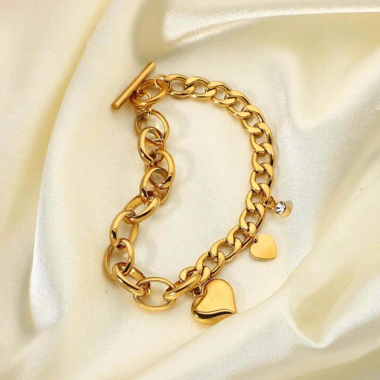 Waterproof / 20cm / BR1018 BR1018 18k Gold Plated OT Buckle Cubic Zircon Heart Stainless Steel Chunky Cuban Chain Bracelet