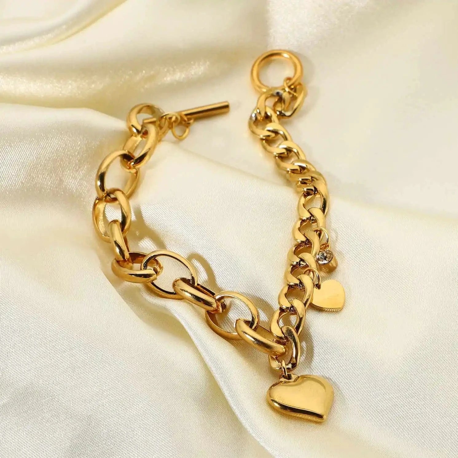 Waterproof / 20cm / BR1018 BR1018 18k Gold Plated OT Buckle Cubic Zircon Heart Stainless Steel Chunky Cuban Chain Bracelet