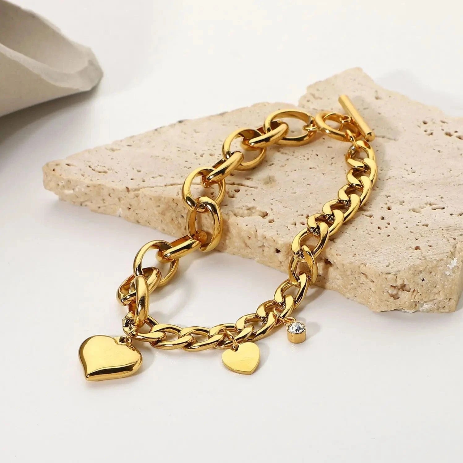 Waterproof / 20cm / BR1018 BR1018 18k Gold Plated OT Buckle Cubic Zircon Heart Stainless Steel Chunky Cuban Chain Bracelet