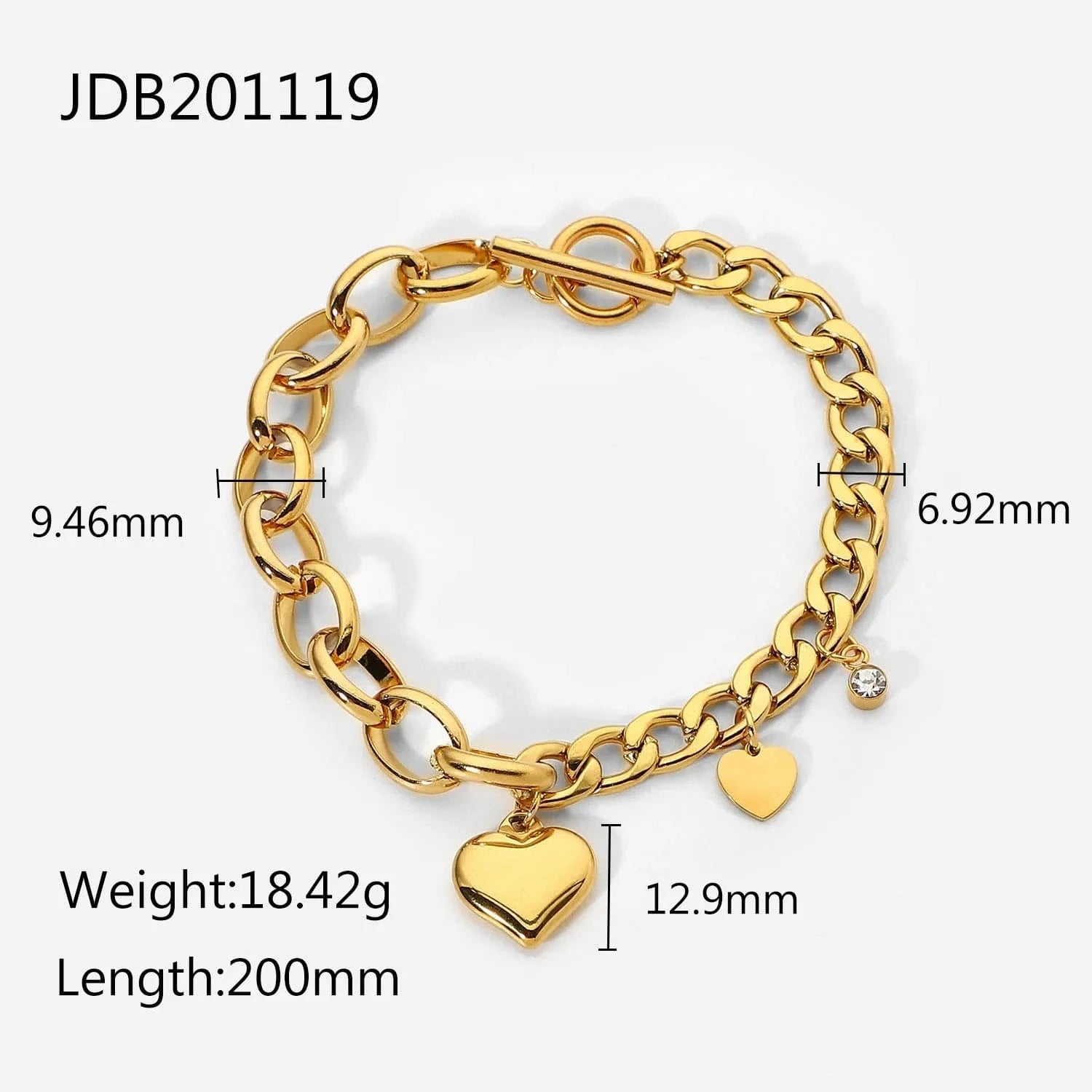 Waterproof / 20cm / BR1018 BR1018 18k Gold Plated OT Buckle Cubic Zircon Heart Stainless Steel Chunky Cuban Chain Bracelet