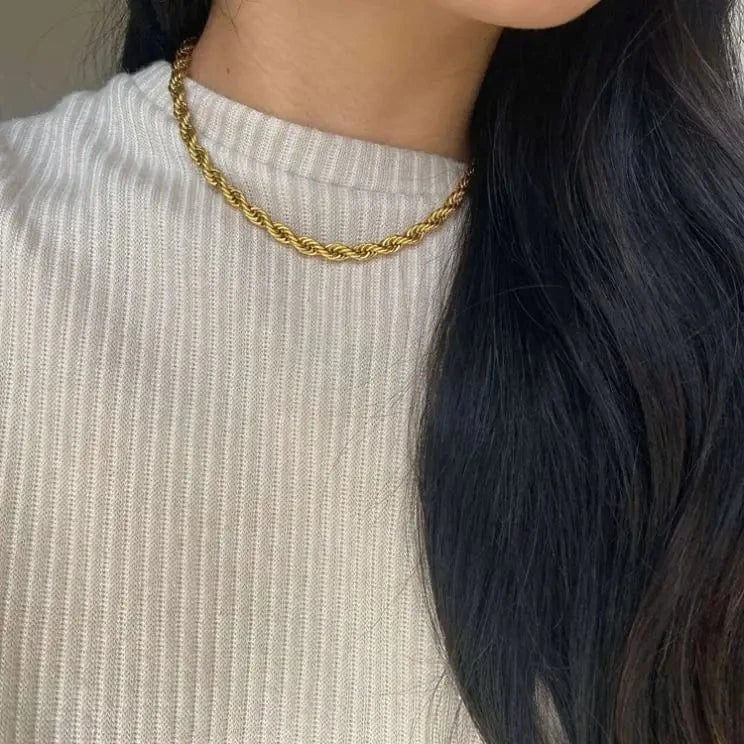 Waterproof / 38cm / N2510 N2510 5mm Chunky Twisted Chocker Necklace Women 18K Gold Stainless Steel Twisted Rope Chain Necklace Jewelry