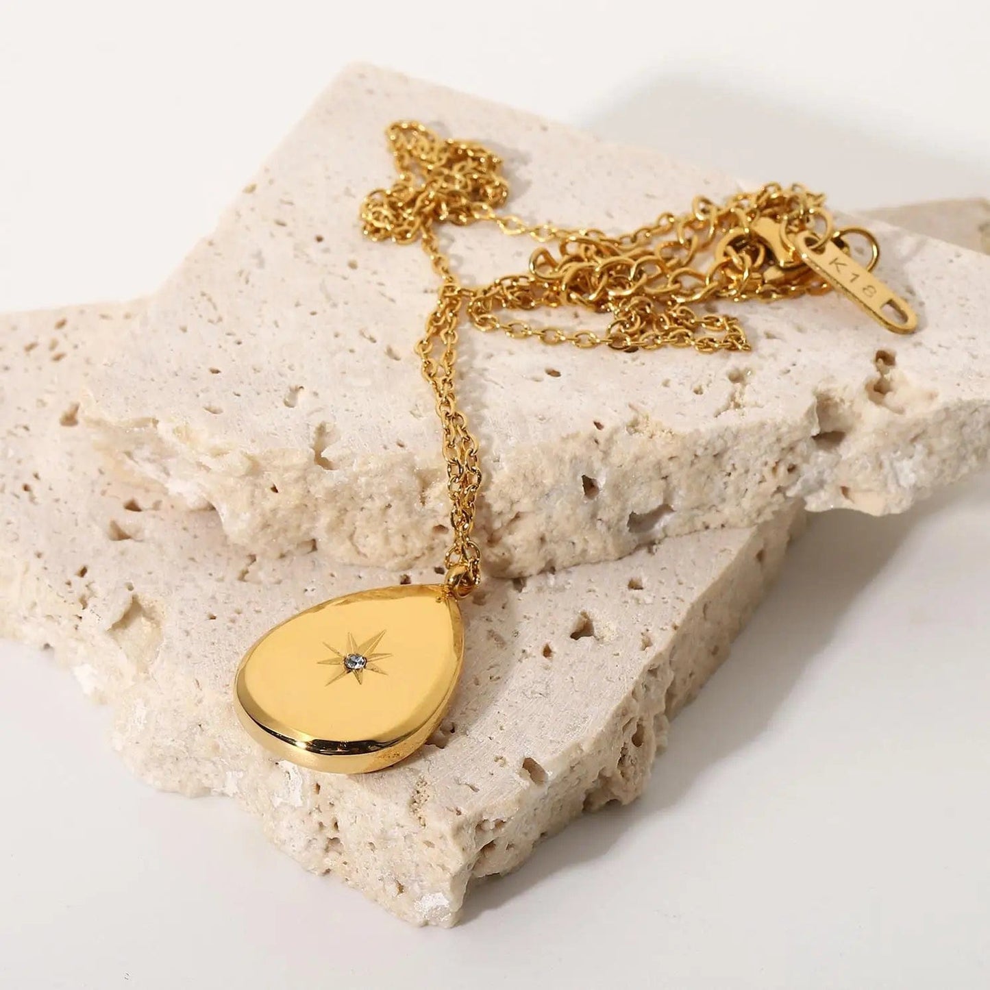 Waterproof / 41cm / N2502 N2502 18K Gold Plated Stainless Steel Waterdrop Choker Jewelry Cubic Zircon Star Power Pendant Necklace