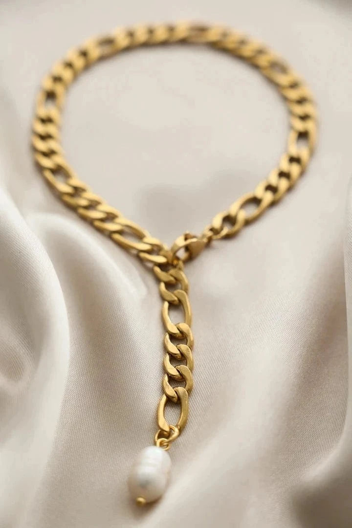 Waterproof / A363 A363 Statement gold Figaro Chain freshwater pearl Anklet Foot Jewelry Gold Plated 316L Stainless Steel summer Anklet