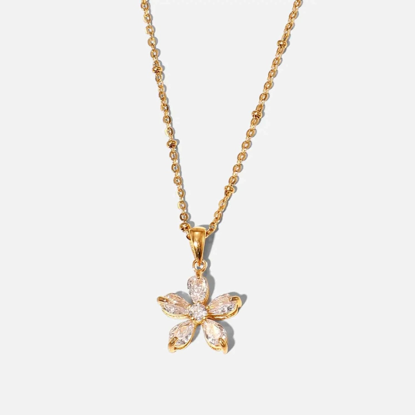 Waterproof / N2495 N2495 18K Plated Stainless Steel Gift 16mm white Cubic Zirconia five-petal flower pendant necklace