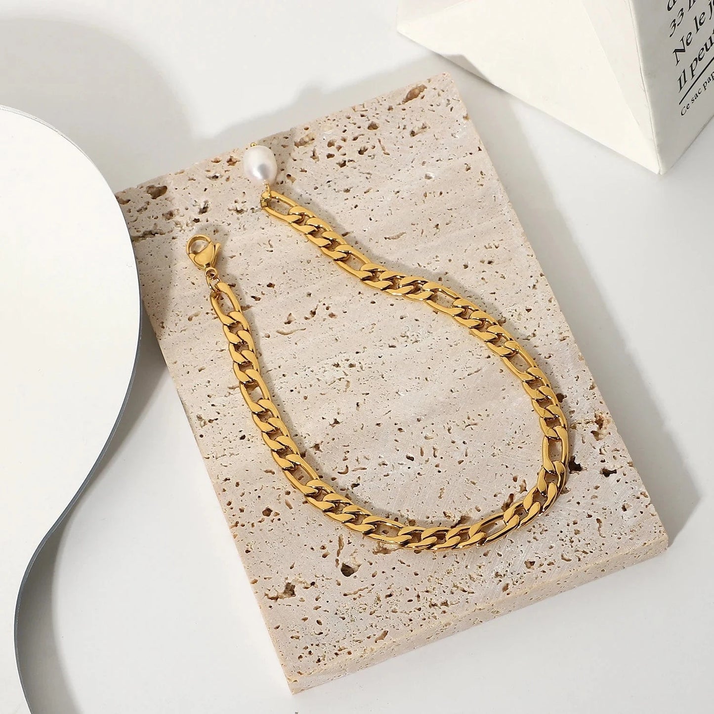 Waterproof / PIcture / A362 A362 New Trendy 18k Gold Plated Stainless Steel Figaro Chain Anklet For Women Freshwater Baroque Pearl Anklet