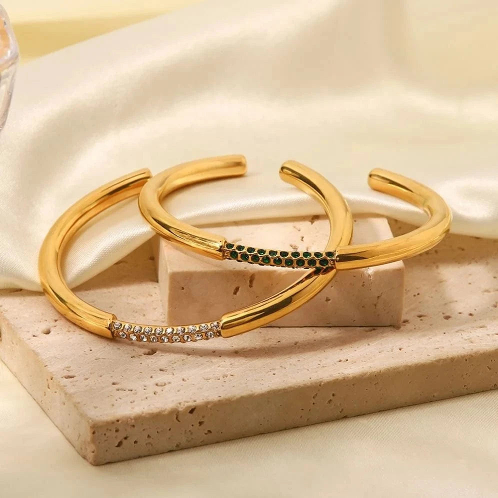 Waterproof / Picture / BG915 BG915 Minimalism 18k Gold Plated Stainless Steel Bracelet Jewelry Party Gift Opening Green Cubic Zirconia Bangles