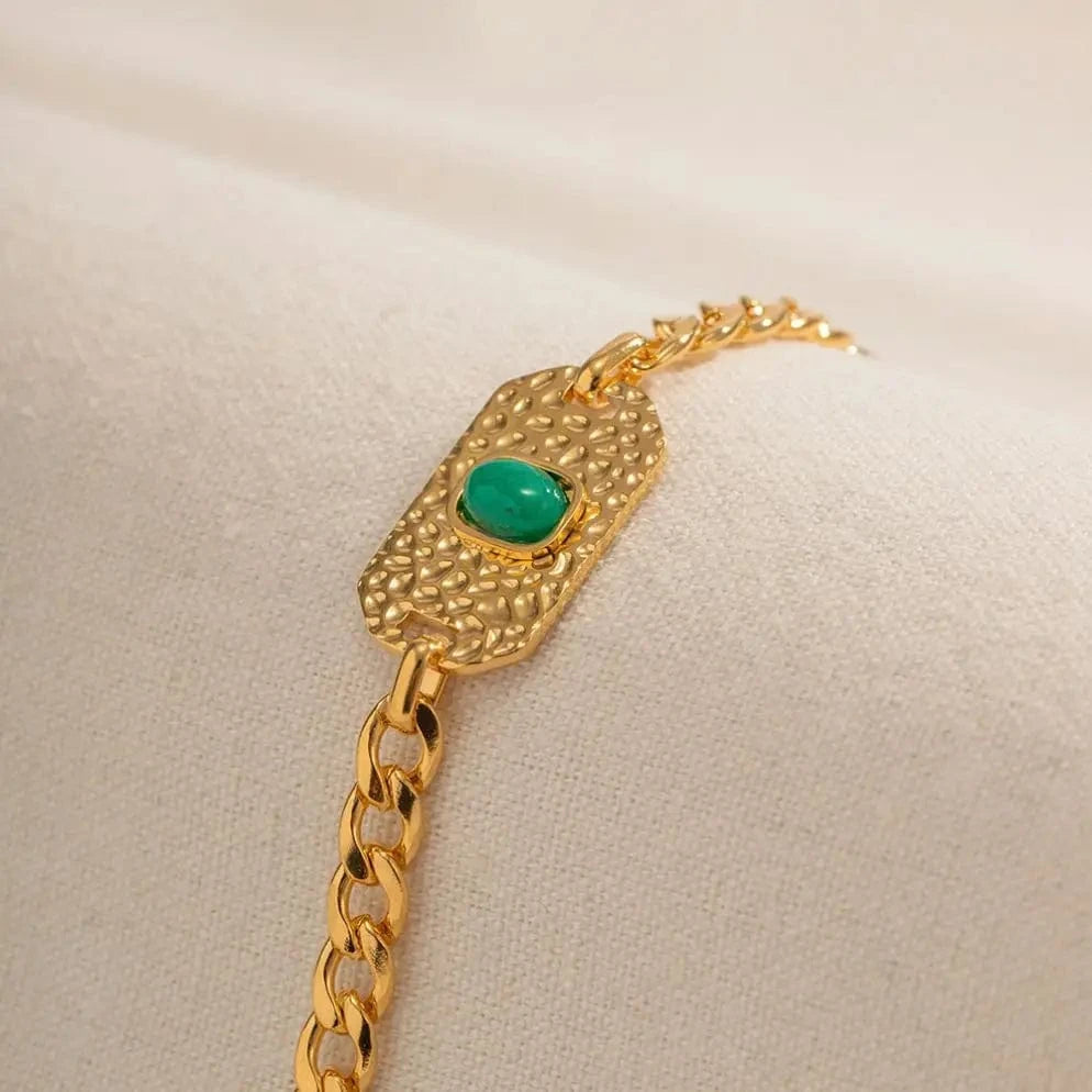 Waterproof / Picture / BR992 BR992 Fashion Jewelry 18k Gold Plated Stainless Steel Texture Oval Shape Green Stone Bracelet for Girls