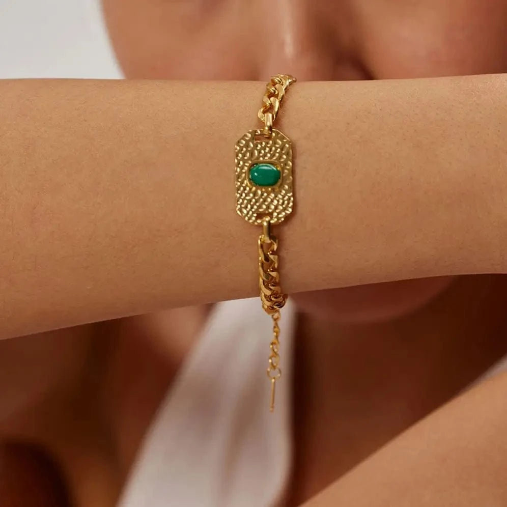 Waterproof / Picture / BR992 BR992 Fashion Jewelry 18k Gold Plated Stainless Steel Texture Oval Shape Green Stone Bracelet for Girls