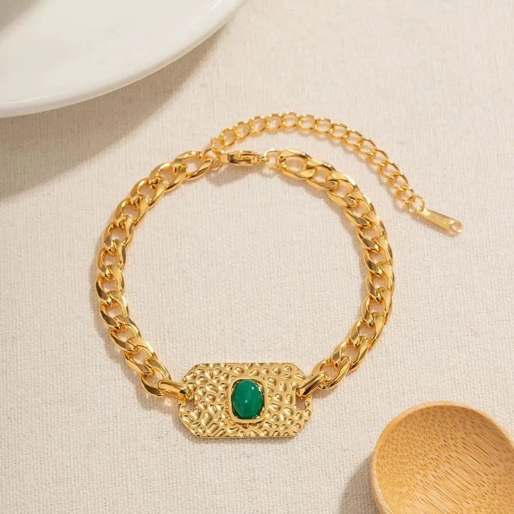 Waterproof / Picture / BR992 BR992 Fashion Jewelry 18k Gold Plated Stainless Steel Texture Oval Shape Green Stone Bracelet for Girls