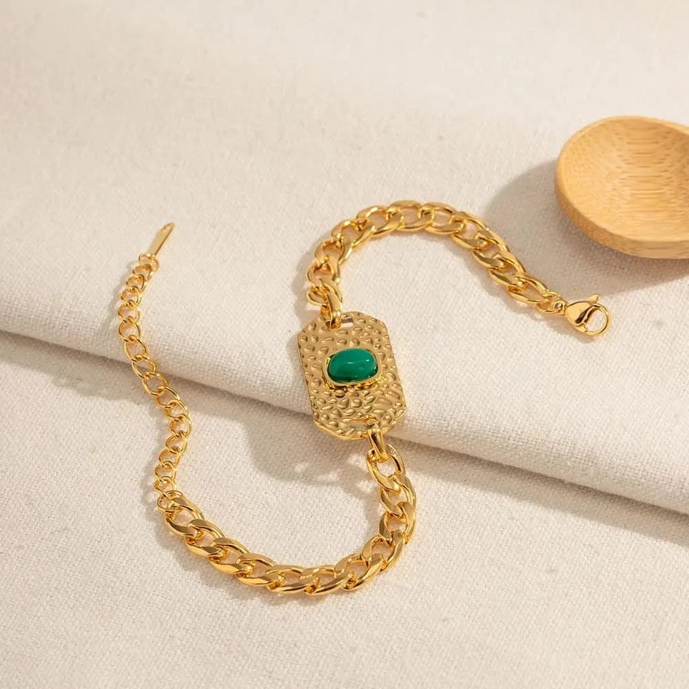 Waterproof / Picture / BR992 BR992 Fashion Jewelry 18k Gold Plated Stainless Steel Texture Oval Shape Green Stone Bracelet for Girls