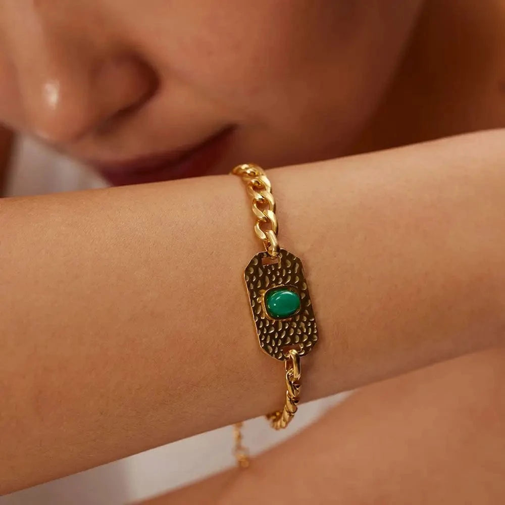 Waterproof / Picture / BR992 BR992 Fashion Jewelry 18k Gold Plated Stainless Steel Texture Oval Shape Green Stone Bracelet for Girls