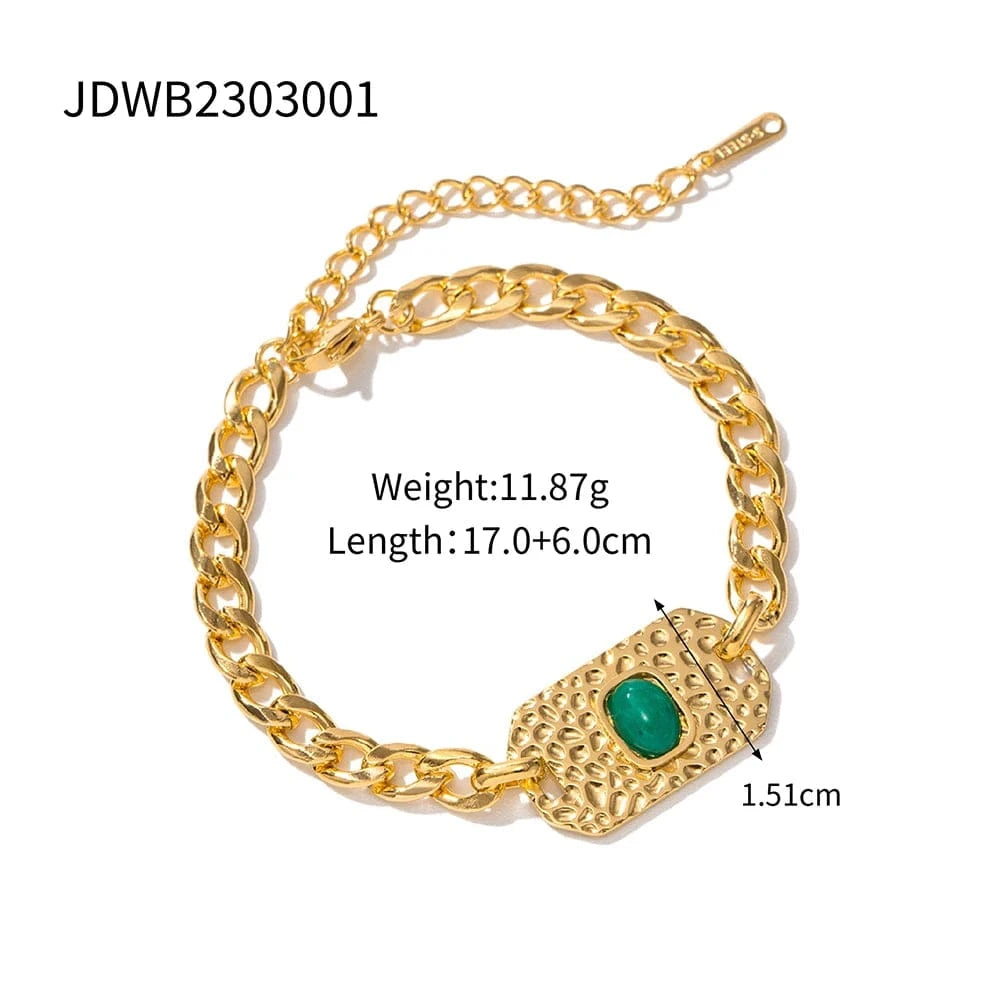 Waterproof / Picture / BR992 BR992 Fashion Jewelry 18k Gold Plated Stainless Steel Texture Oval Shape Green Stone Bracelet for Girls