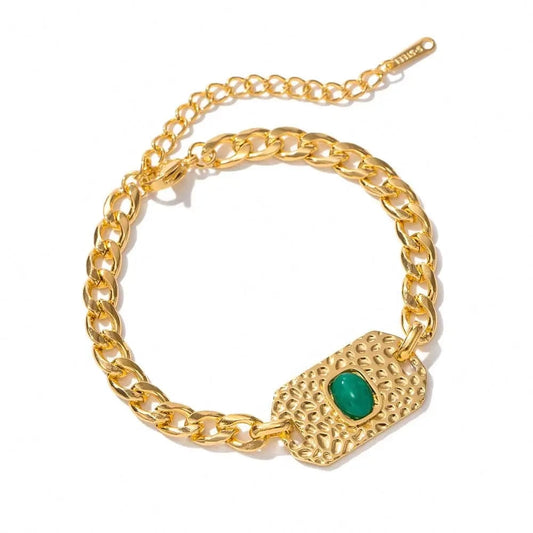Waterproof / Picture / BR992 BR992 Fashion Jewelry 18k Gold Plated Stainless Steel Texture Oval Shape Green Stone Bracelet for Girls