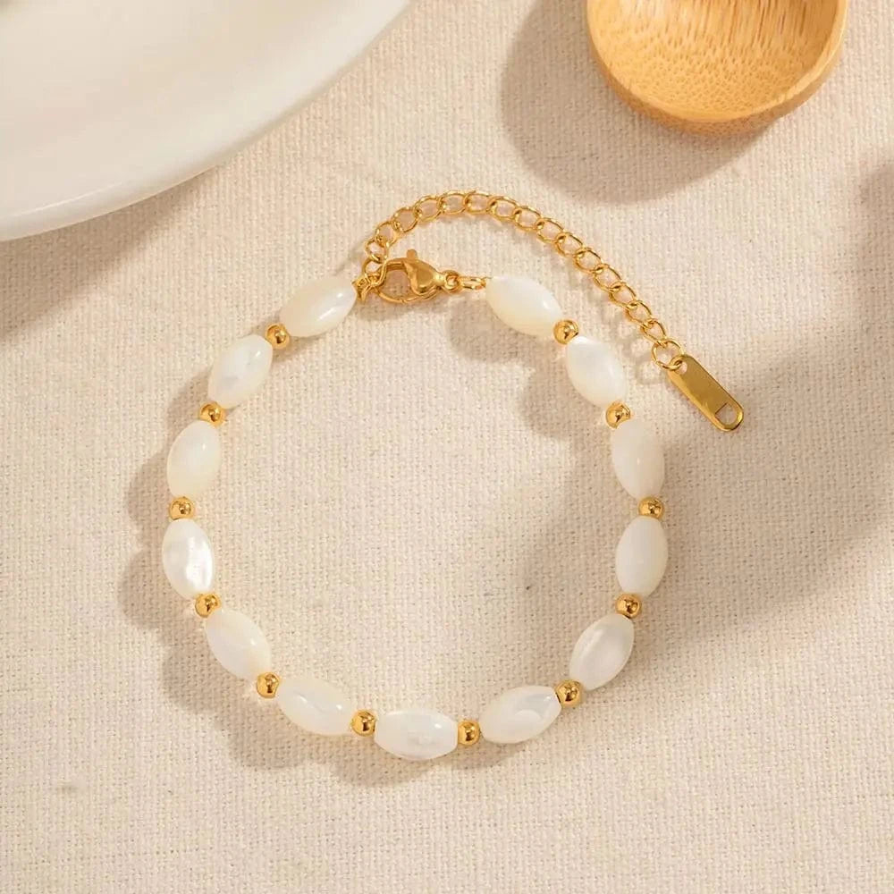 Waterproof / Picture SHow / BR996 BR996 Summer Jewelry Charm Bead Bracelet Stainless Steel Natural White Oval Shell Stones Bracelet for Women