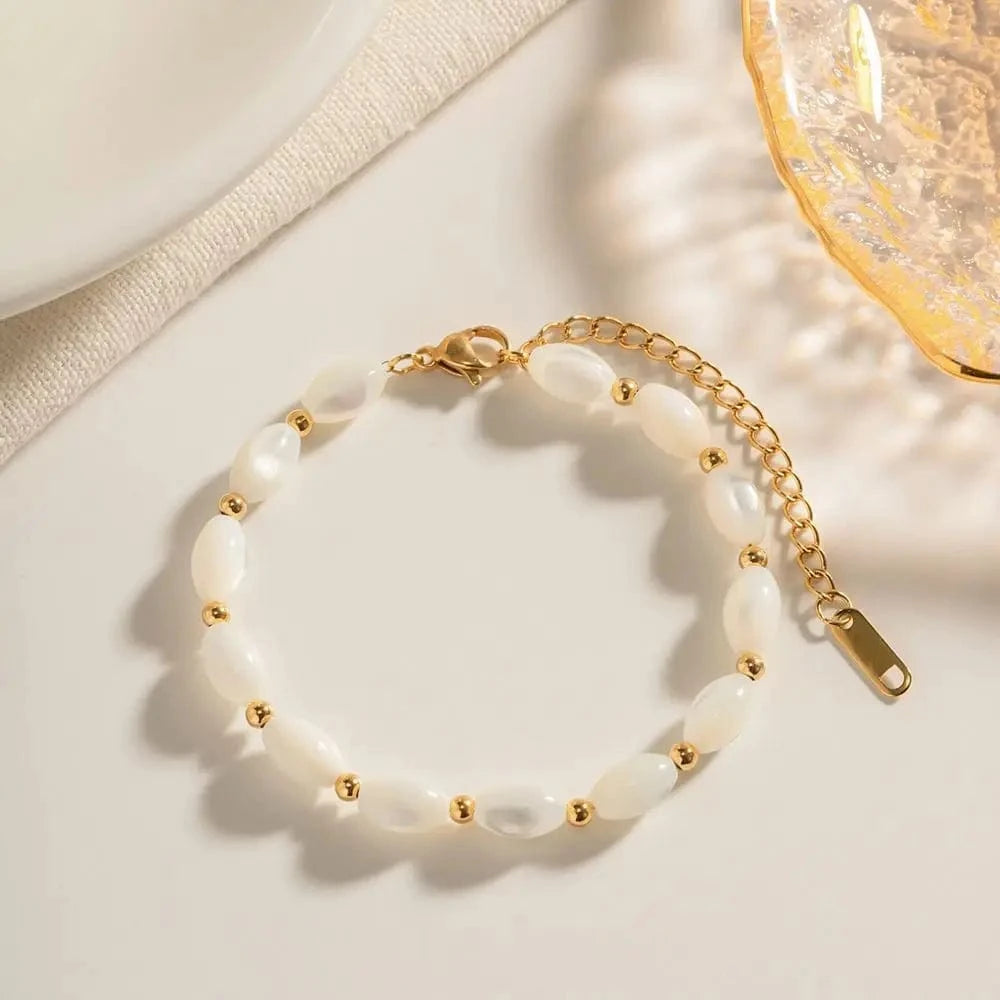Waterproof / Picture SHow / BR996 BR996 Summer Jewelry Charm Bead Bracelet Stainless Steel Natural White Oval Shell Stones Bracelet for Women