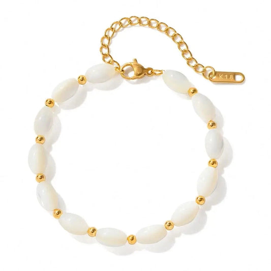 Waterproof / Picture SHow / BR996 BR996 Summer Jewelry Charm Bead Bracelet Stainless Steel Natural White Oval Shell Stones Bracelet for Women