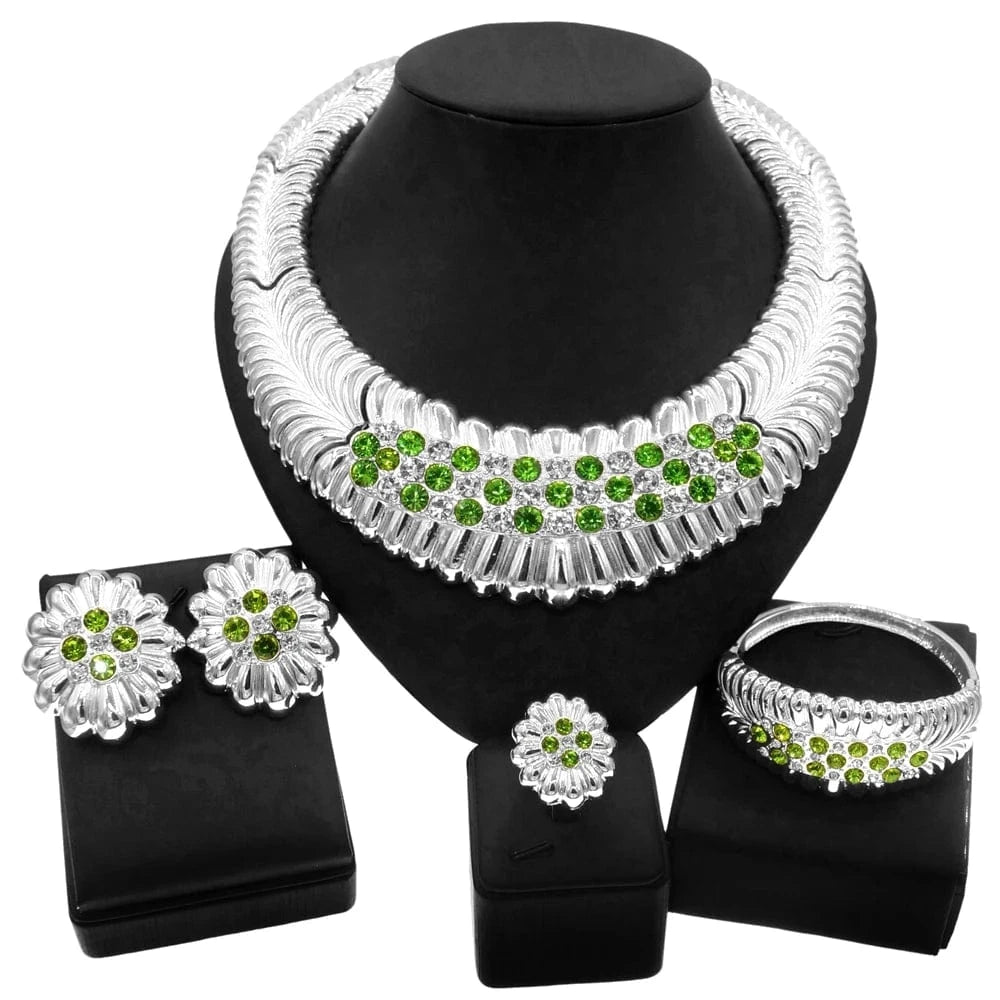 Wedding Nridal Green Crystal Jewelry Set / Adjustable / silver Zhuerrui Wedding Nridal Green Crystal Jewelry Set 24K Brazilian Gold Plated Jewelry Sets Large Necklace Nigerian Jewelry H0090