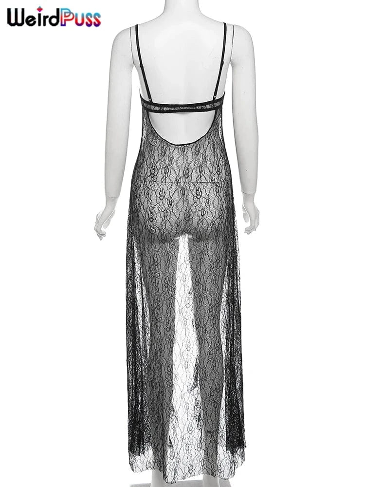 Weird Puss Backless Sexy Women Camisole Leopard Mesh Patchwork Ruffles Sexy Club Party Midnight Hot Girls Wild Coquette Maxi Top