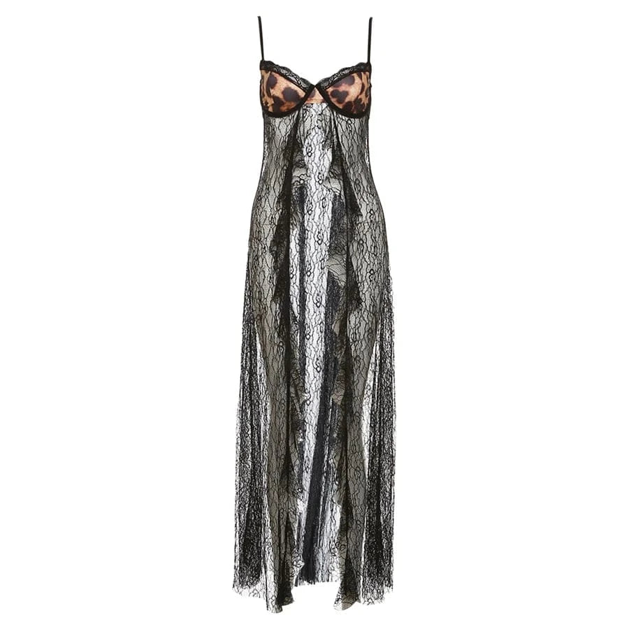 Weird Puss Backless Sexy Women Camisole Leopard Mesh Patchwork Ruffles Sexy Club Party Midnight Hot Girls Wild Coquette Maxi Top