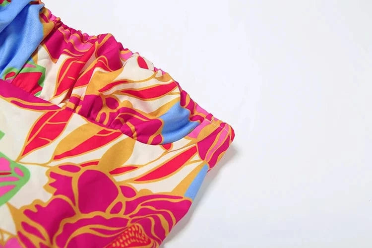 Weird Puss Colorful Print Strapless Dress Women Sexy Off Shoulder Backless Ruched Ruffles Vacation Y2K Sweet Style Mini Bodycon
