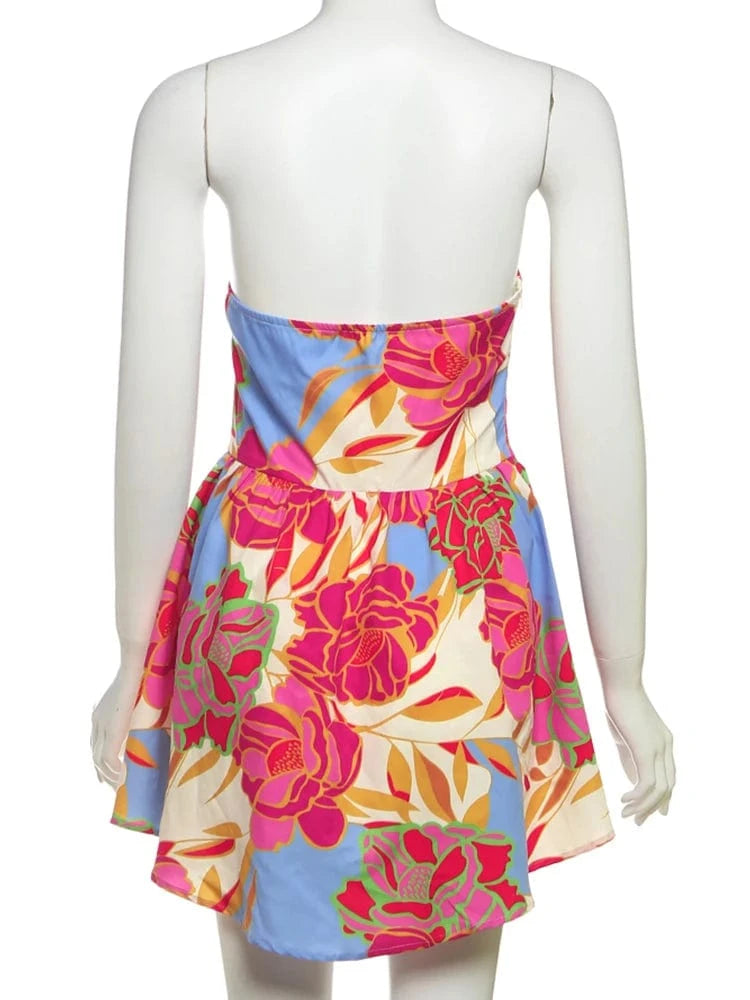 Weird Puss Colorful Print Strapless Dress Women Sexy Off Shoulder Backless Ruched Ruffles Vacation Y2K Sweet Style Mini Bodycon