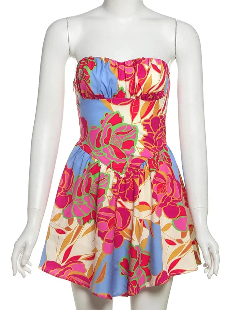Weird Puss Colorful Print Strapless Dress Women Sexy Off Shoulder Backless Ruched Ruffles Vacation Y2K Sweet Style Mini Bodycon