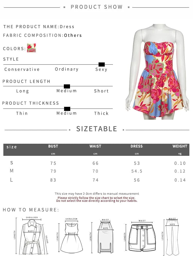 Weird Puss Colorful Print Strapless Dress Women Sexy Off Shoulder Backless Ruched Ruffles Vacation Y2K Sweet Style Mini Bodycon