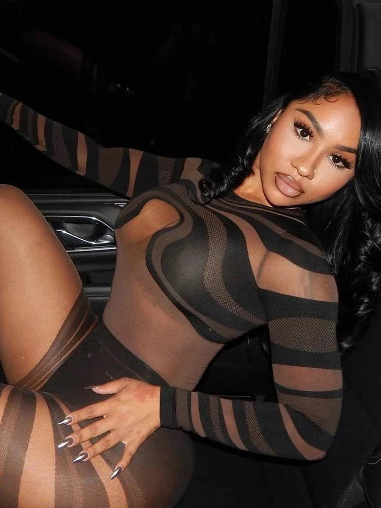 Weird Puss Coquette Romper Women See Through Full Sleeve Fitness Stretch Summer Midnight Party Clubwear Hipster Workout Playsuit