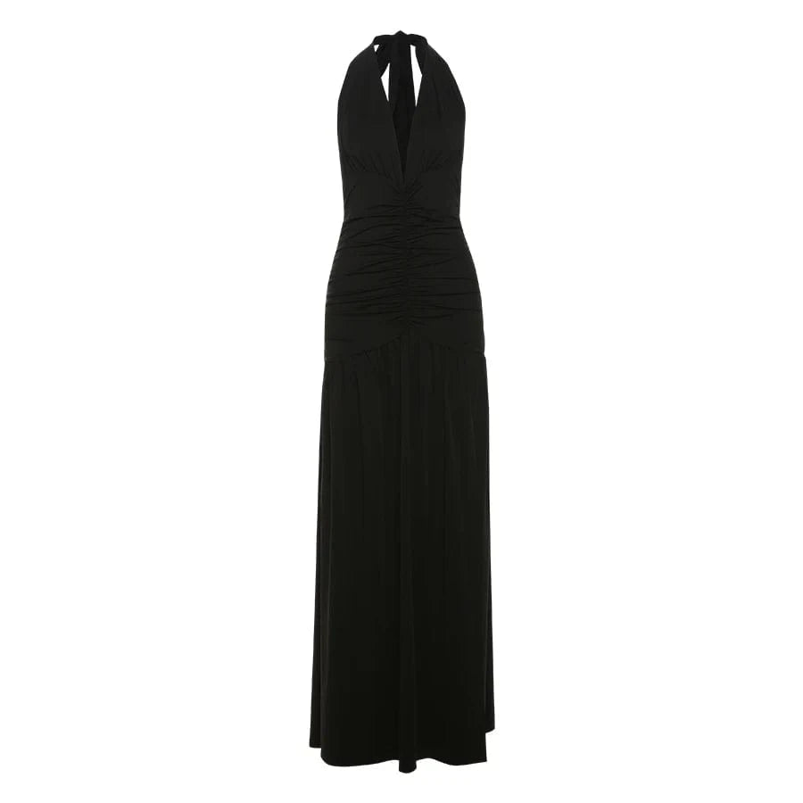 Weird Puss Deep V-Neck Halter Dress Woman Summer  Ruffles Splits Backless Elegant Patchwork Solid Party Coquette Sexy Vestidos