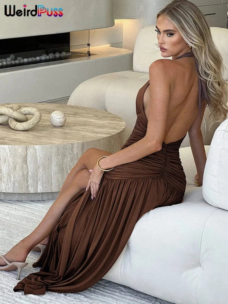 Weird Puss Deep V-Neck Halter Dress Woman Summer  Ruffles Splits Backless Elegant Patchwork Solid Party Coquette Sexy Vestidos