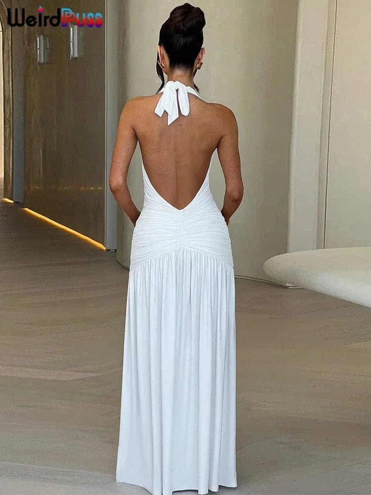Weird Puss Deep V-Neck Halter Dress Woman Summer  Ruffles Splits Backless Elegant Patchwork Solid Party Coquette Sexy Vestidos
