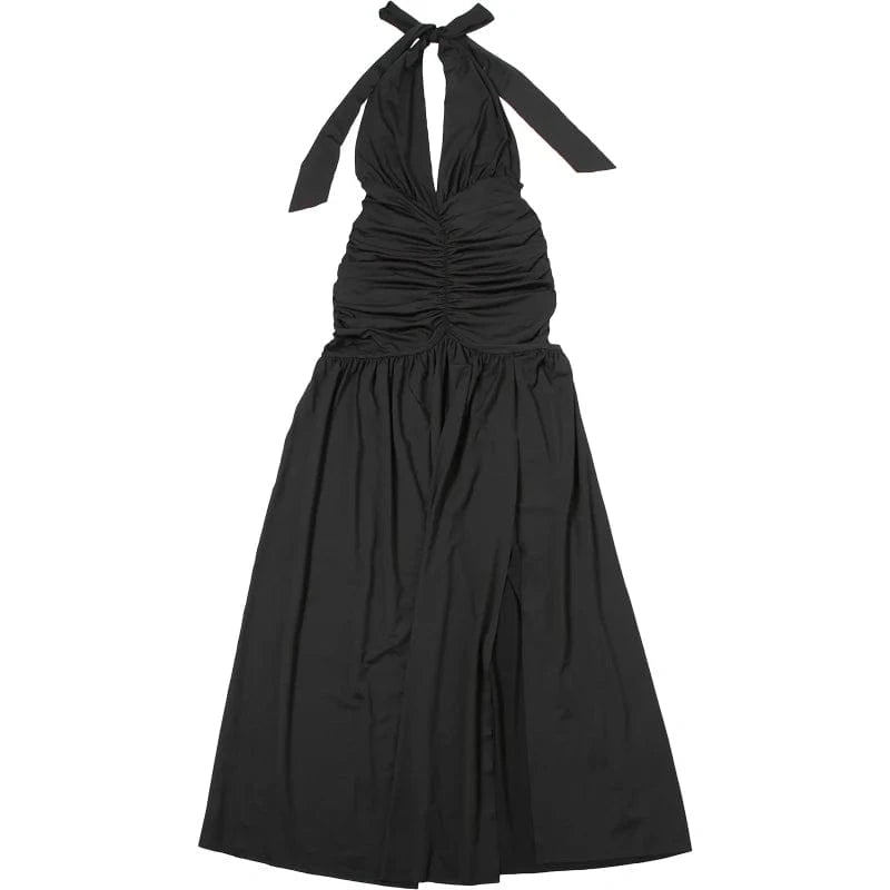 Weird Puss Deep V-Neck Halter Dress Woman Summer  Ruffles Splits Backless Elegant Patchwork Solid Party Coquette Sexy Vestidos
